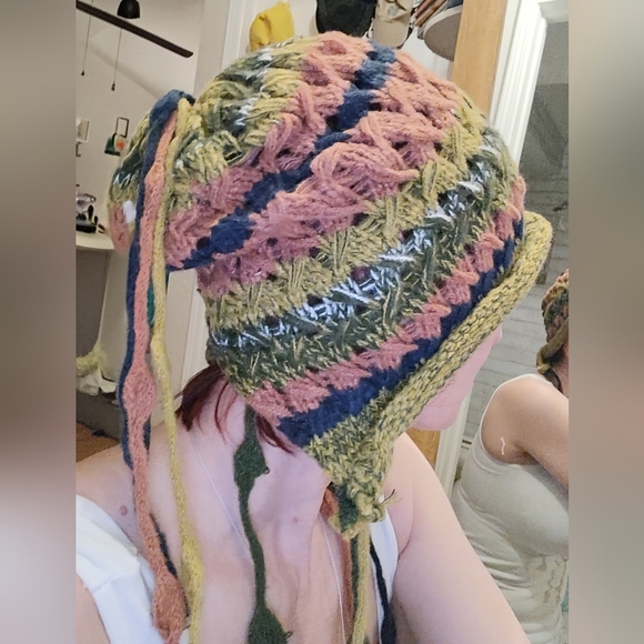 hand-crocheted multicolor beanie with ear flaps and tassel details. - Picture 5 of 6